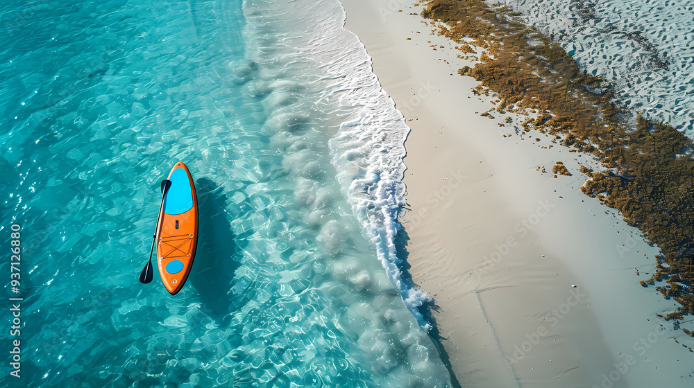 Fototapeta premium An orange and blue paddleboard on the beach, a bird's eye view, high definition photography, clean white sand, clear turquoise sea water, waves lapping at shore edge, and a sense of calmness.