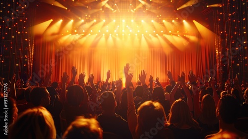 a stage with performers receiving a standing ovation and applause from the audience.