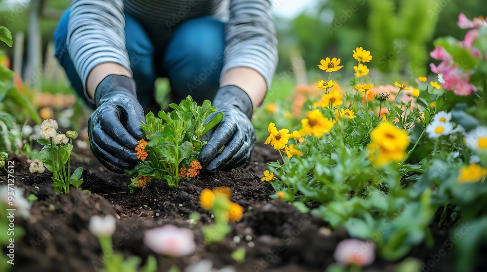 Fototapeta premium Close-up of planting flowers, garden maintenance, photograph for National Garden Month