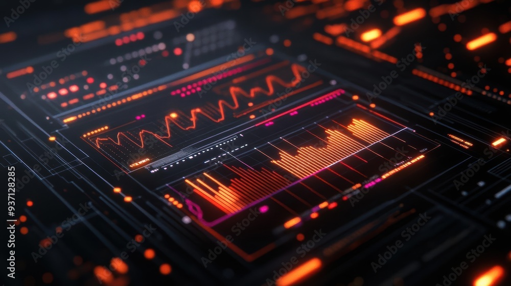 Detailed 3D charts with glowing key points, representing performance metrics analysis Detailed 3D charts with glowing key points, representing performance metrics analysis