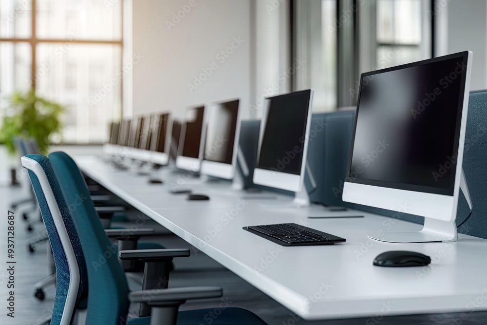 An empty, modern office with rows of computer workstations, large windows, and natural sunlight streaming in. An empty, modern office with rows of computer workstations, large windows, and natural sunlight streaming in.