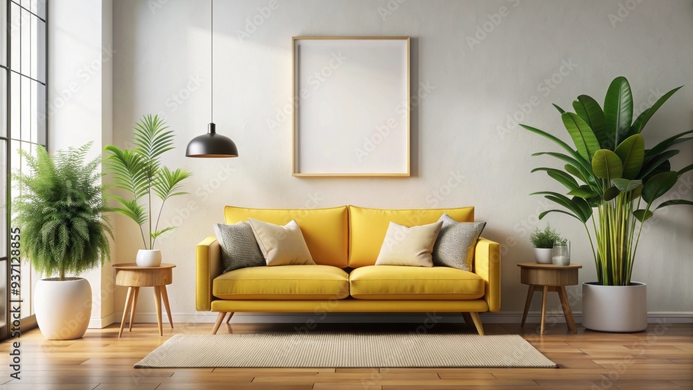 Fototapeta premium Modern interior with a yellow sofa, pillows, plants and blank poster frame on the wall, modern, interior