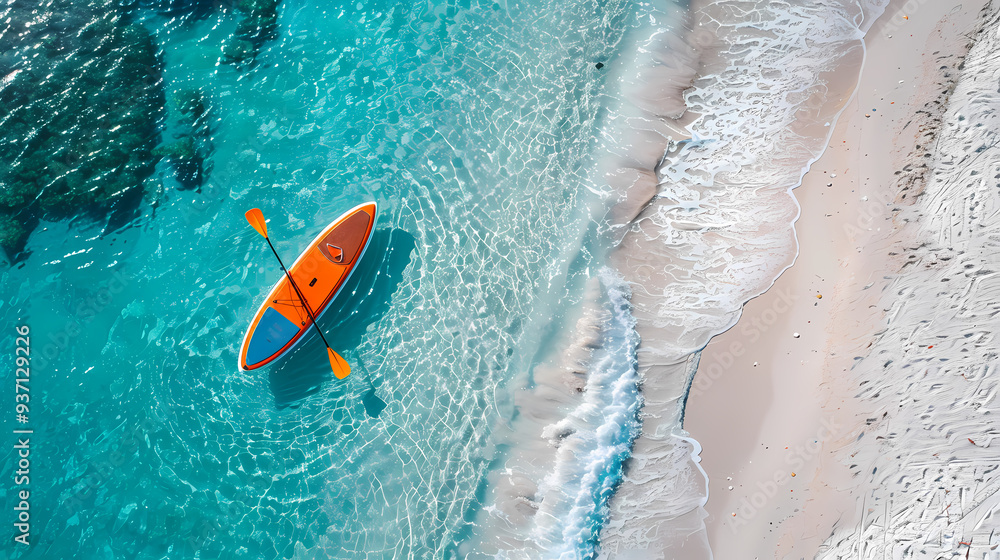 Fototapeta premium An orange and blue paddleboard on the beach, a bird's eye view, high definition photography, clean white sand, clear turquoise sea water, waves lapping at shore edge, and a sense of calmness.