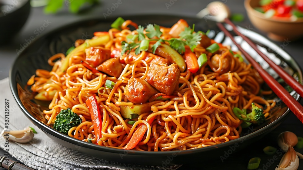 Noodles spiced up with chicken and vegetables Noodles spiced up with chicken and vegetables