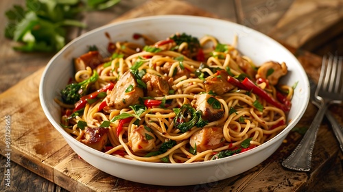 Noodles spiced up with chicken and vegetables