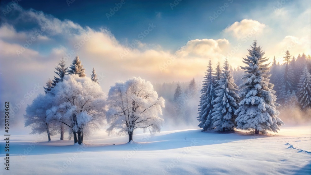 Mystical winter scene featuring enchanting snow-cloaked trees shrouded in fog , Winter, mystical, enchanting Mystical winter scene featuring enchanting snow-cloaked trees shrouded in fog , Winter, mystical, enchanting