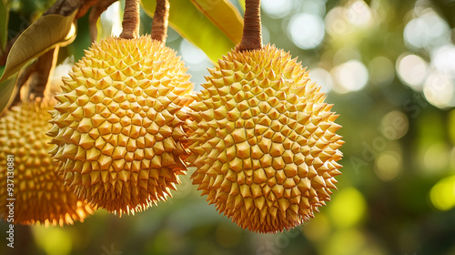 ripe durian fruit hanging on a tree. The durian's spiky, green exterior contrasts with the lush green foliage, highlighting nature's intriguing beauty and complexity