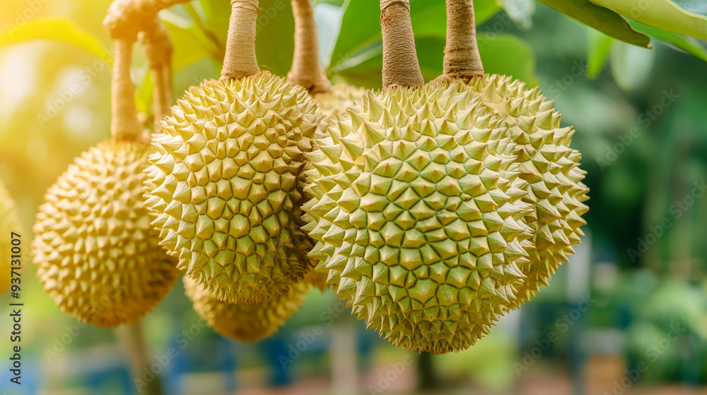 ripe durian fruit hanging on a tree. The durian's spiky, green exterior contrasts with the lush green foliage, highlighting nature's intriguing beauty and complexity