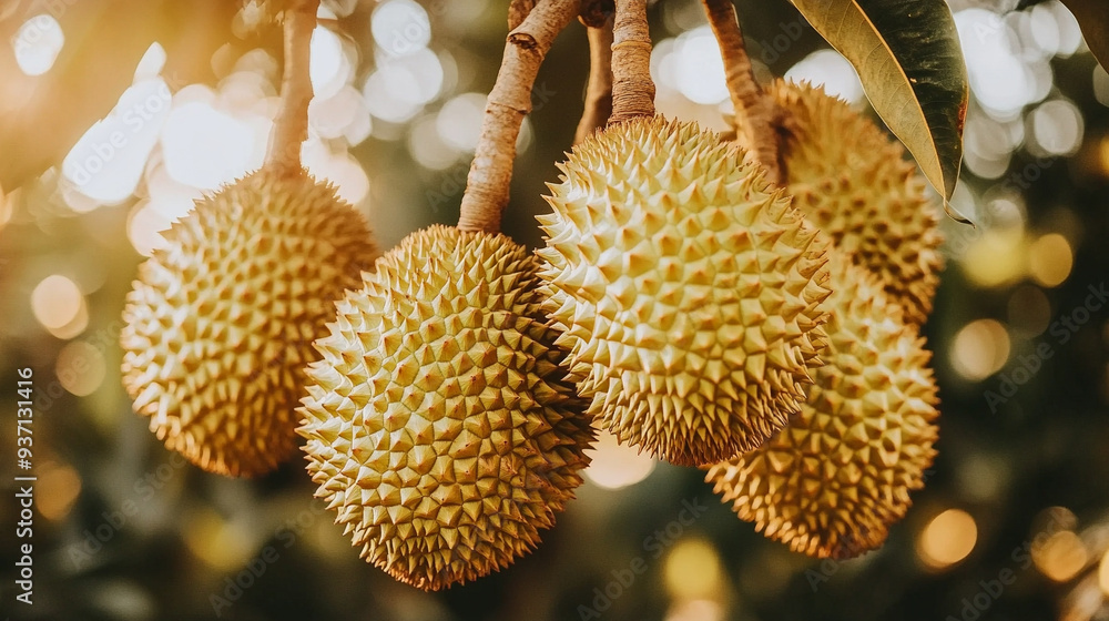 ripe durian fruit hanging on a tree. The durian's spiky, green exterior contrasts with the lush green foliage, highlighting nature's intriguing beauty and complexity ripe durian fruit hanging on a tree. The durian's spiky, green exterior contrasts with the lush green foliage, highlighting nature's intriguing beauty and complexity