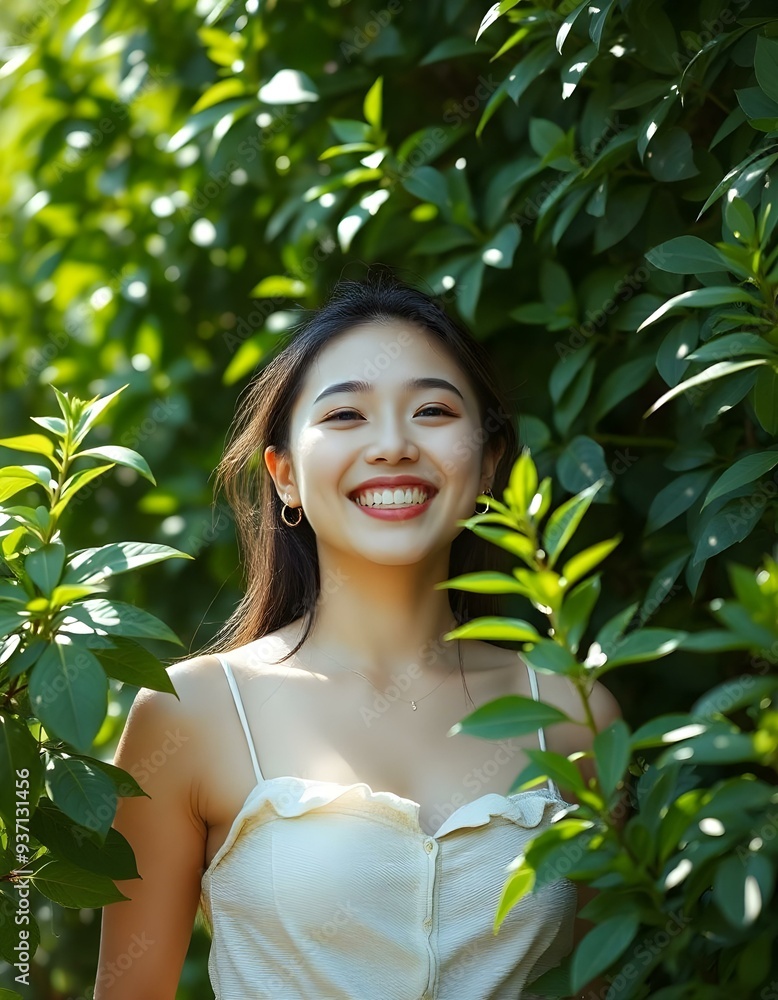 Radiant Woman Smiling in Sunlit Foliage Radiant Woman Smiling in Sunlit Foliage