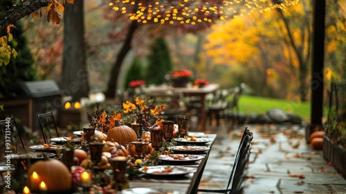 Fototapeta Naklejka Na Ścianę i Meble -  A rustic fall dinner table set for a romantic dinner with pumpkins and candles.