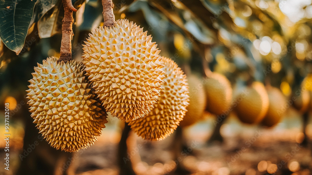 ripe durian fruit hanging on a tree. The durian's spiky, green exterior contrasts with the lush green foliage, highlighting nature's intriguing beauty and complexity ripe durian fruit hanging on a tree. The durian's spiky, green exterior contrasts with the lush green foliage, highlighting nature's intriguing beauty and complexity