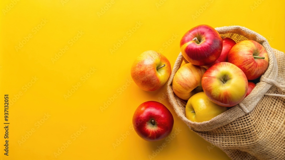 Bag of fresh apples on a vibrant yellow background, apples, bag, fruit, yellow, background, delicious, healthy, organic, ripe Bag of fresh apples on a vibrant yellow background, apples, bag, fruit, yellow, background, delicious, healthy, organic, ripe