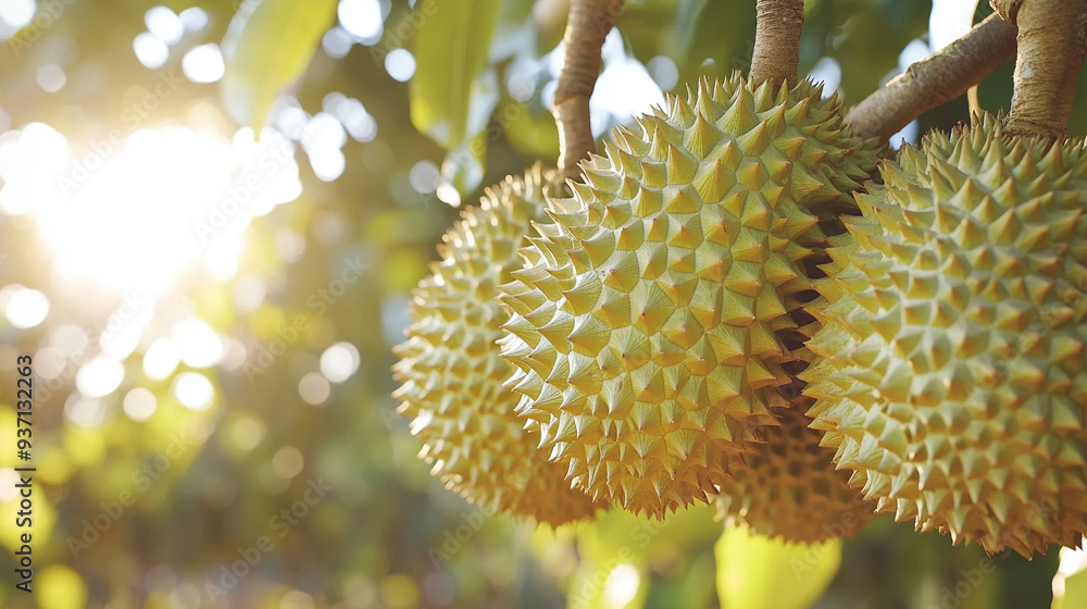 ripe durian fruit hanging on a tree. The durian's spiky, green exterior contrasts with the lush green foliage, highlighting nature's intriguing beauty and complexity ripe durian fruit hanging on a tree. The durian's spiky, green exterior contrasts with the lush green foliage, highlighting nature's intriguing beauty and complexity