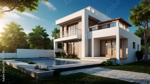 Exterior design of a modern house, full white and brown color theme, real estate home exterior front elevation design with swimmin 