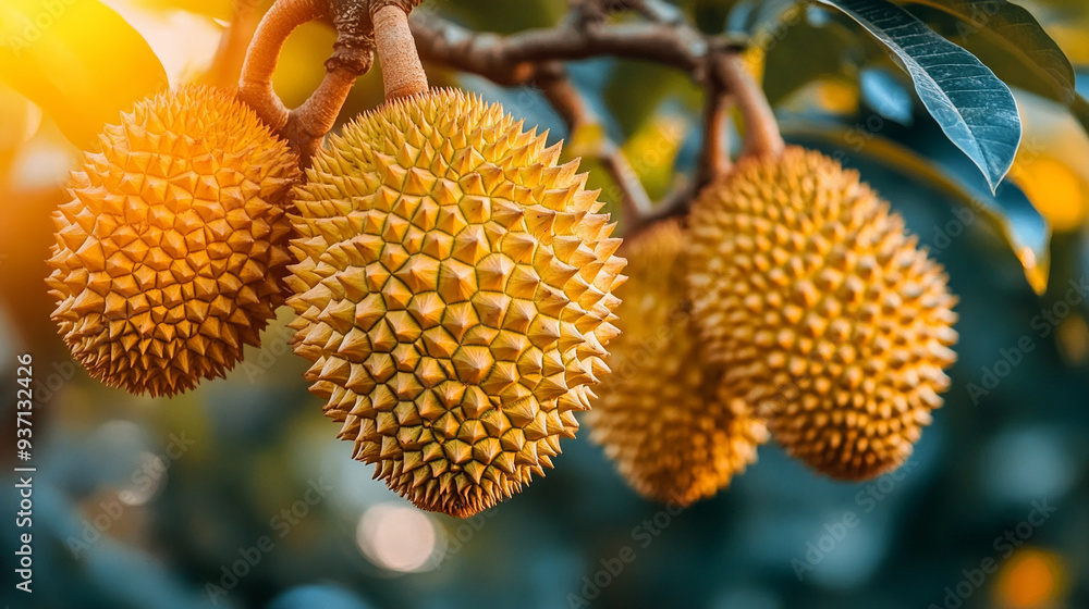 ripe durian fruit hanging on a tree. The durian's spiky, green exterior contrasts with the lush green foliage, highlighting nature's intriguing beauty and complexity ripe durian fruit hanging on a tree. The durian's spiky, green exterior contrasts with the lush green foliage, highlighting nature's intriguing beauty and complexity