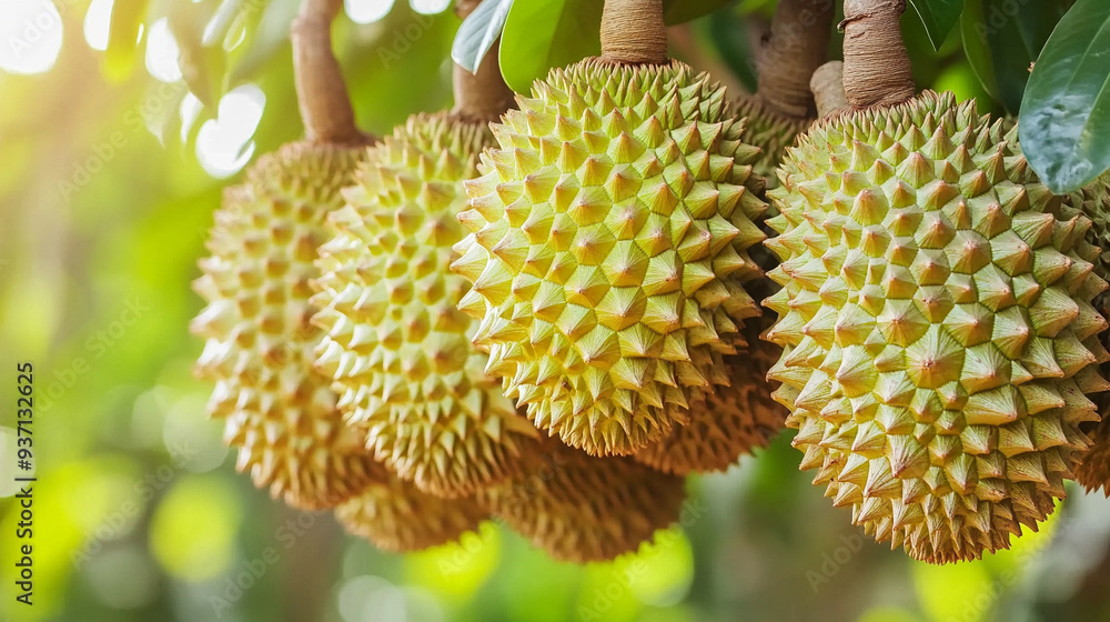 ripe durian fruit hanging on a tree. The durian's spiky, green exterior contrasts with the lush green foliage, highlighting nature's intriguing beauty and complexity ripe durian fruit hanging on a tree. The durian's spiky, green exterior contrasts with the lush green foliage, highlighting nature's intriguing beauty and complexity