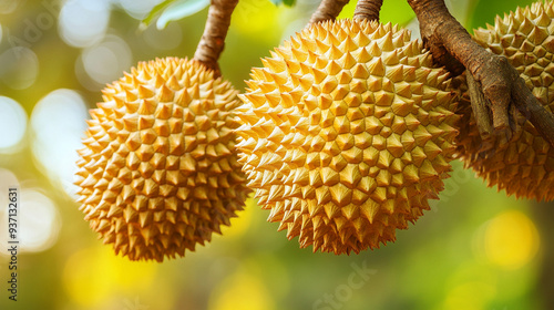 ripe durian fruit hanging on a tree. The durian's spiky, green exterior contrasts with the lush green foliage, highlighting nature's intriguing beauty and complexity