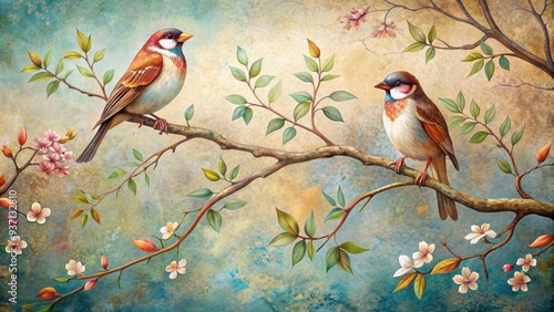 Fresco painting of two birds perched on branches, fresco, painting, birds, branches, nature, wildlife, art photo