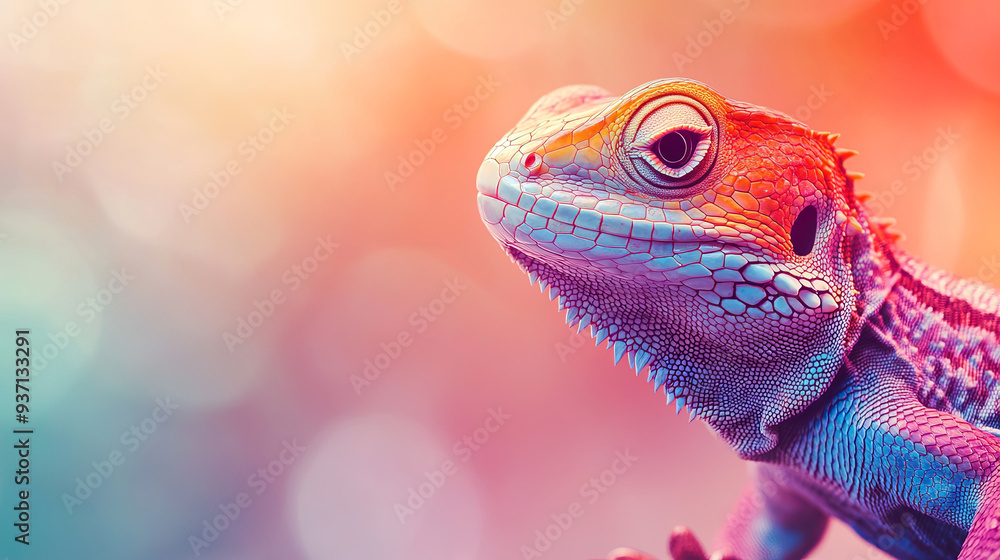 Graphic banner with close up of a lizard. Pastel bokeh background, bright colors with copyspace Graphic banner with close up of a lizard. Pastel bokeh background, bright colors with copyspace