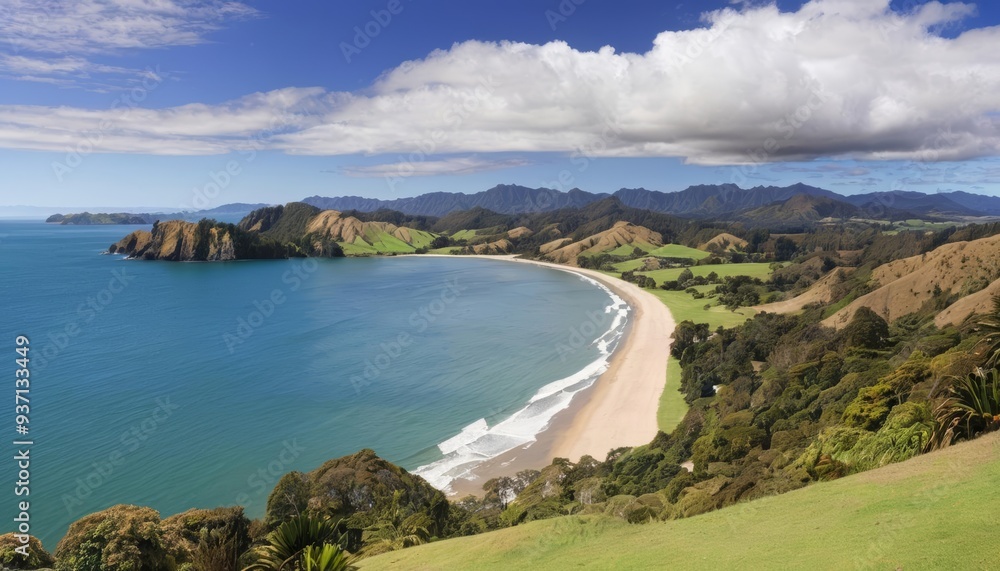 Obraz premium Tranquil beach cove nestled amidst lush mountains