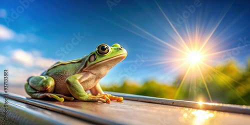 Frog perched on a rooftop under the sun, frog, roof, animal, wildlife, nature, sunny, outdoors, house, cute, green, amphibian photo