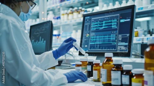 a pharmacist preparing antibiotics in a pharmacy, with a clear view of medication bottles and a computer screen with patient data.