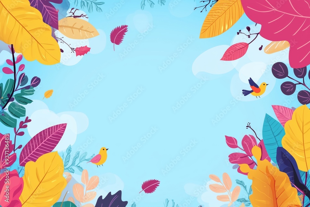 A spring holiday wallpaper featuring a sky blue background, colorful leaves and birds on both sides, with a large empty area in the middle for text A spring holiday wallpaper featuring a sky blue background, colorful leaves and birds on both sides, with a large empty area in the middle for text
