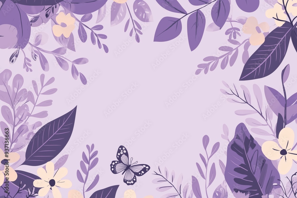 A festive spring-themed wallpaper with a soft lavender background, adorned with cartoonish leaf and butterfly illustrations, and a large blank space in the center for greetings A festive spring-themed wallpaper with a soft lavender background, adorned with cartoonish leaf and butterfly illustrations, and a large blank space in the center for greetings