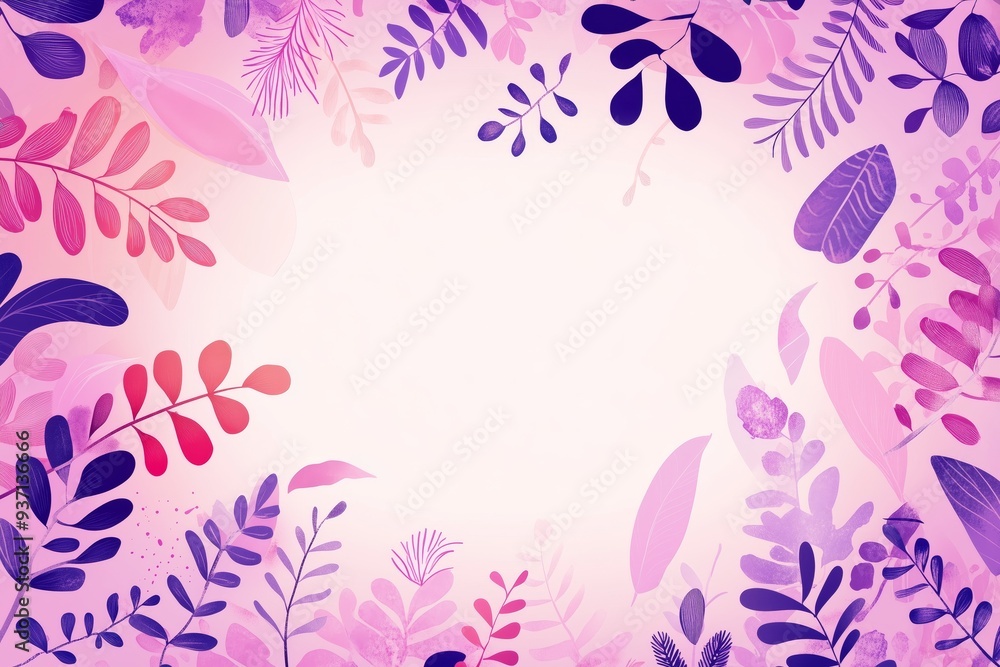A festive pink and purple spring wallpaper with cartoon leaf patterns scattered on both sides, leaving a large white space in the middle for text A festive pink and purple spring wallpaper with cartoon leaf patterns scattered on both sides, leaving a large white space in the middle for text