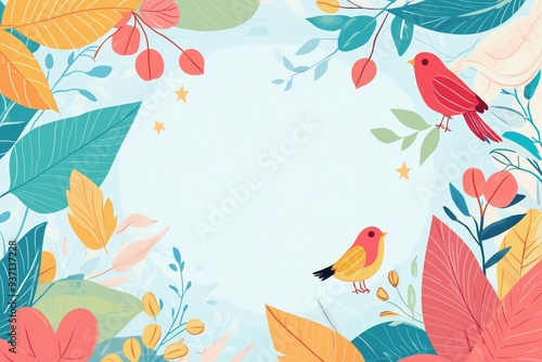 Soft pastel blue spring wallpaper with colorful leaves and bird illustrations, leaving a big white area in the middle for text
