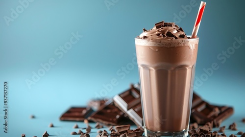 On a blue backgrounds a glass of chocolate milkshake with a chocolate bar and room