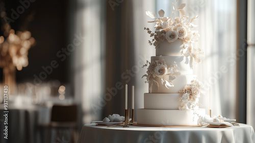 A tall multi-tiered wedding cake decorated with white flowers, placed on a beautifully set table in a bright room