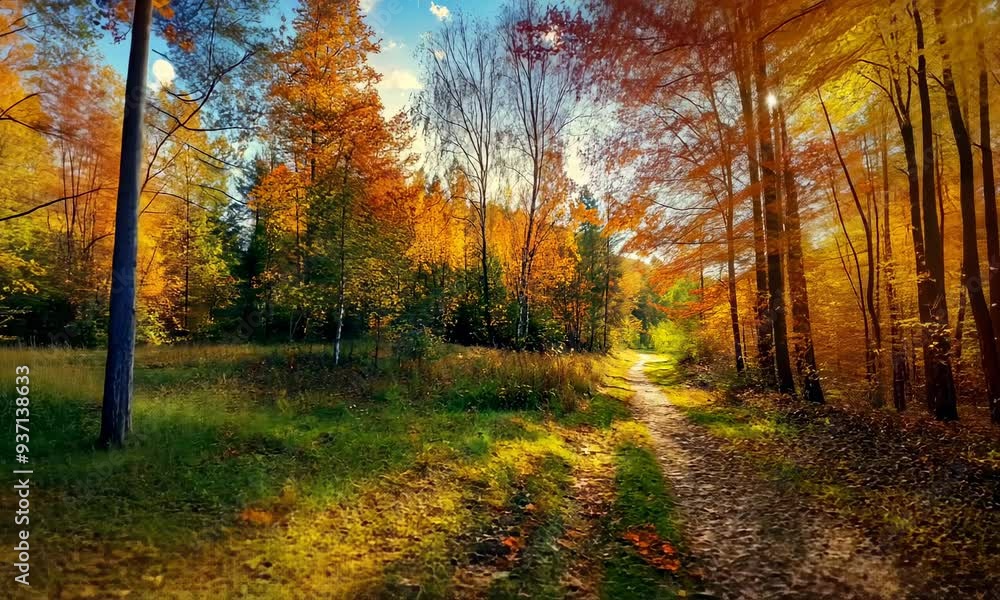 Sunlit autumn forest with path and vibrant foliage Sunlit autumn forest with path and vibrant foliage