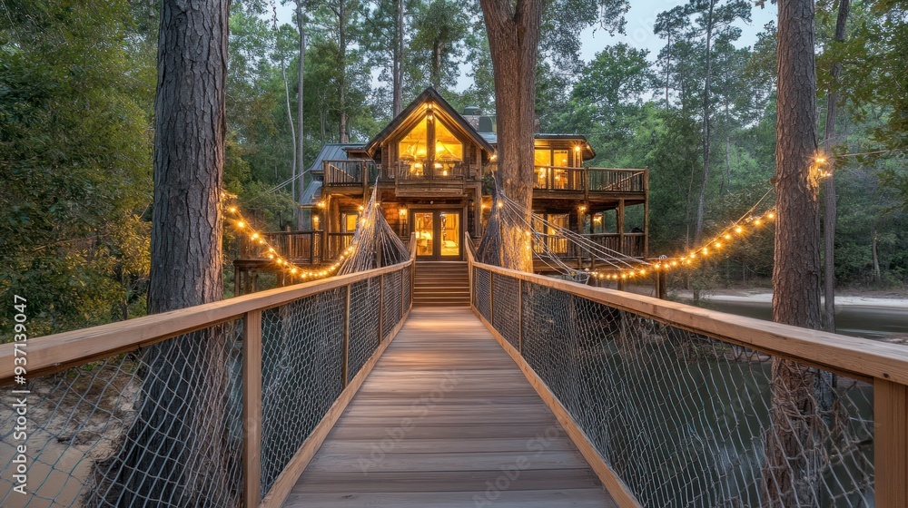 Fototapeta premium A wooden bridge leads to a treehouse with string lights at dusk.