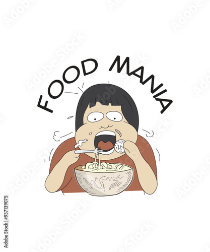 Food mania illustration with cartoon boy eating a bowl of noodle