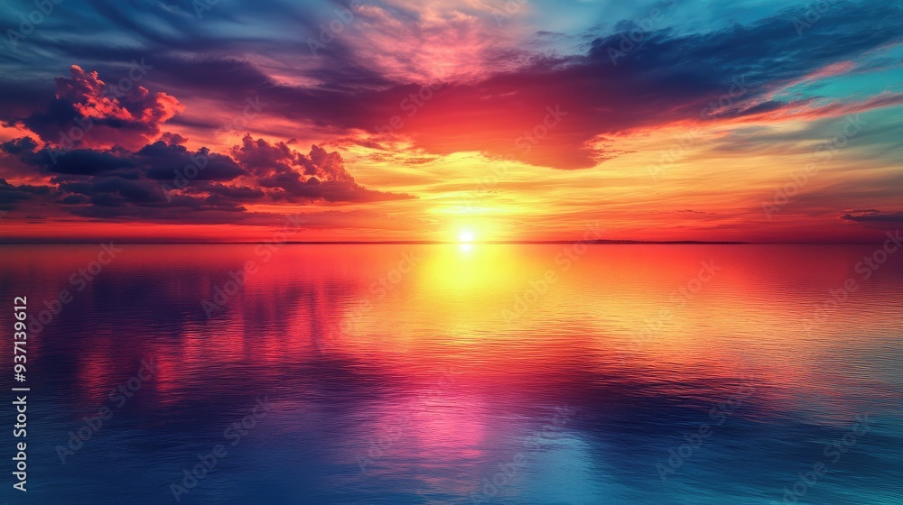 Obraz premium Beautiful sunset with vibrant colors over a calm sea, with space for text.