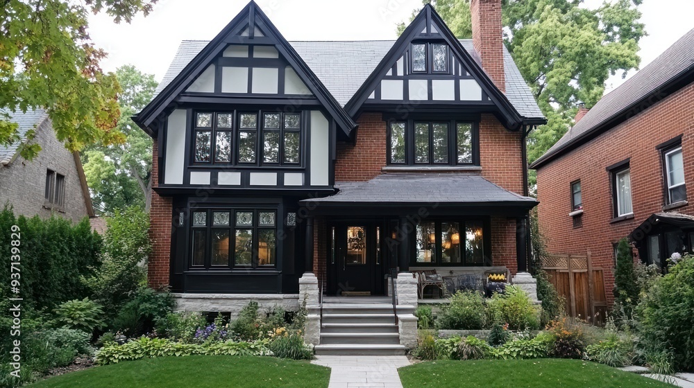 A two-story brick house with a black front door, a porch, and a front yard with lush greenery. A two-story brick house with a black front door, a porch, and a front yard with lush greenery.