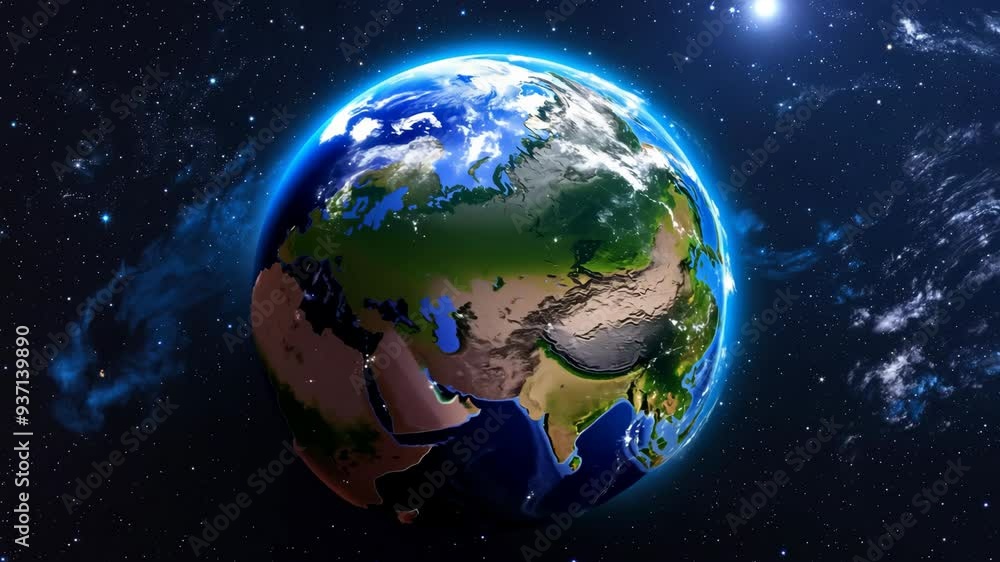 4K space animation of Earth rotating with beautiful sunrise, world skyline in view 4K space animation of Earth rotating with beautiful sunrise, world skyline in view