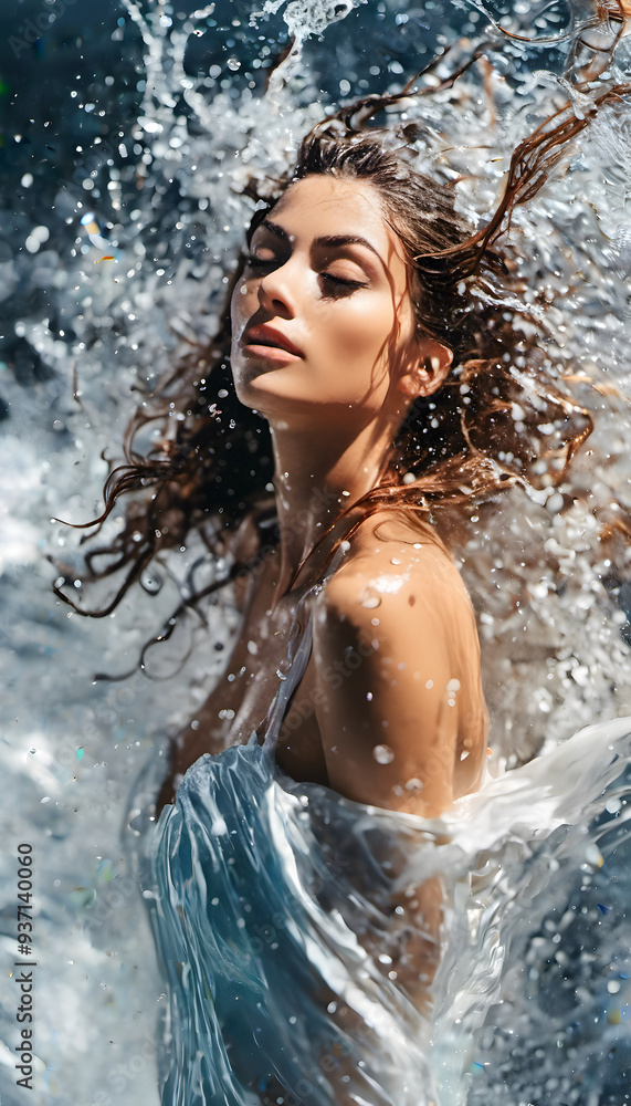 Woman captured in a dynamic moment as she emerges from water, droplets splashing around her. She has a serene expression, and the sunlight highlights her skin and the water's movement. Woman captured in a dynamic moment as she emerges from water, droplets splashing around her. She has a serene expression, and the sunlight highlights her skin and the water's movement.