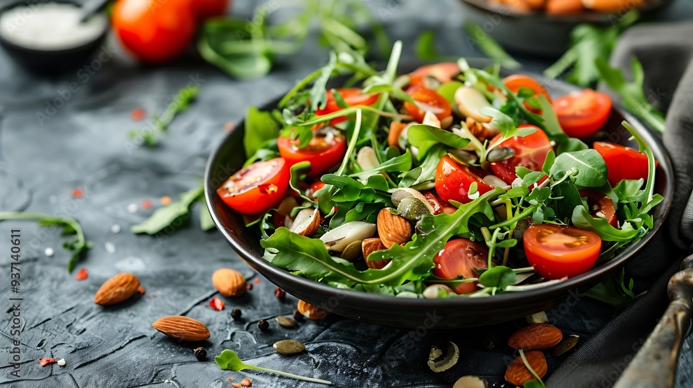 On a gloomy backdrop a humid food salad is presented in an almond halves On a gloomy backdrop a humid food salad is presented in an almond halves