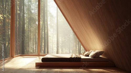 Wallpaper Mural A modern wooden bedroom with a large window overlooking a forest. Torontodigital.ca