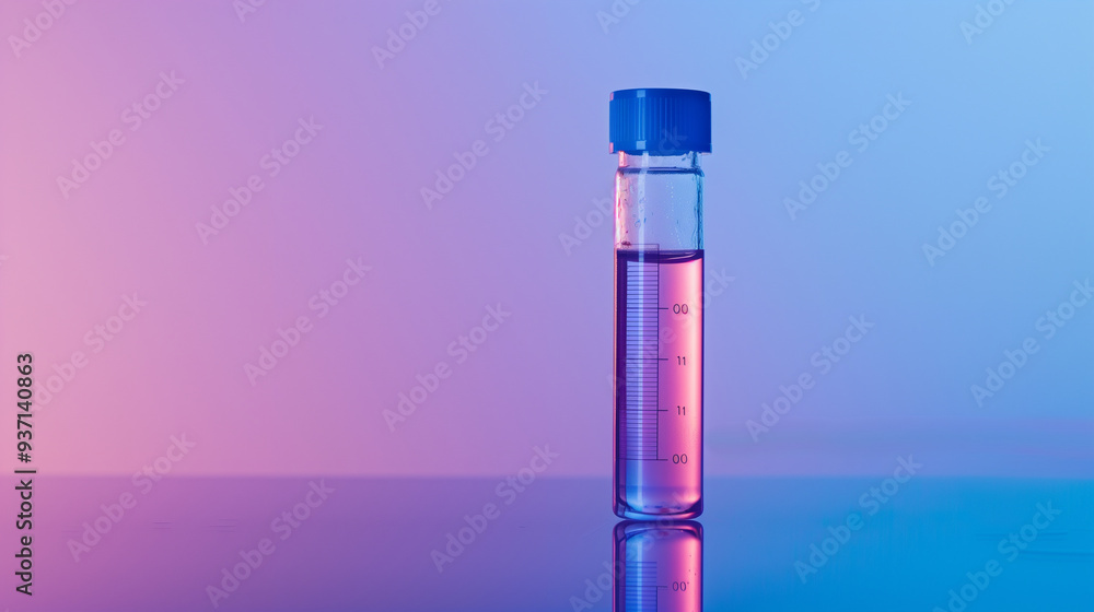 Scientific vial with liquid on a glossy surface under pastel lighting Scientific vial with liquid on a glossy surface under pastel lighting