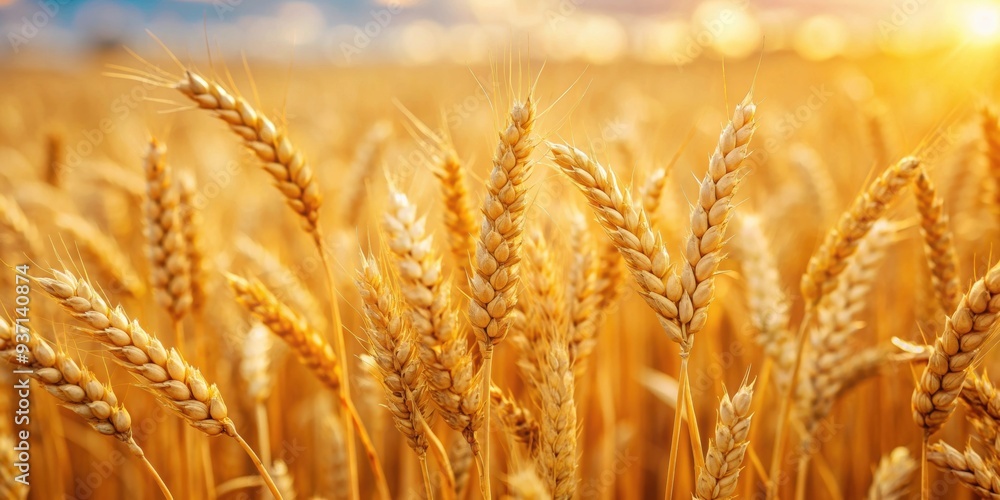 Fototapeta premium Close-up of golden wheat stalks in field, wheat, stalks, golden, agriculture, crop, farming, rural, nature, close-up, growth