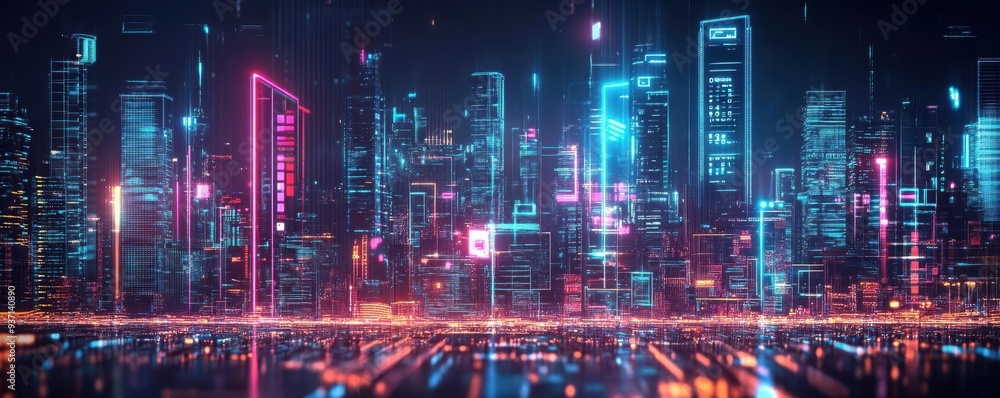Hightech banking app interface projected onto a cityscape, neon style, vibrant colors, wideangle view Hightech banking app interface projected onto a cityscape, neon style, vibrant colors, wideangle view
