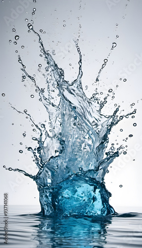 A dynamic splash of water captured in mid-air, showcasing intricate droplets and waves. The background is a soft gradient, enhancing the clarity and beauty of the water.