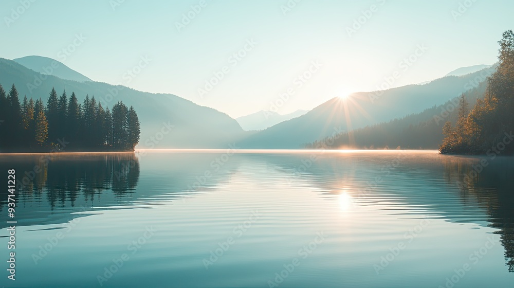 Early morning sunlight on a calm mountain lake, leaving space for copy. Early morning sunlight on a calm mountain lake, leaving space for copy.
