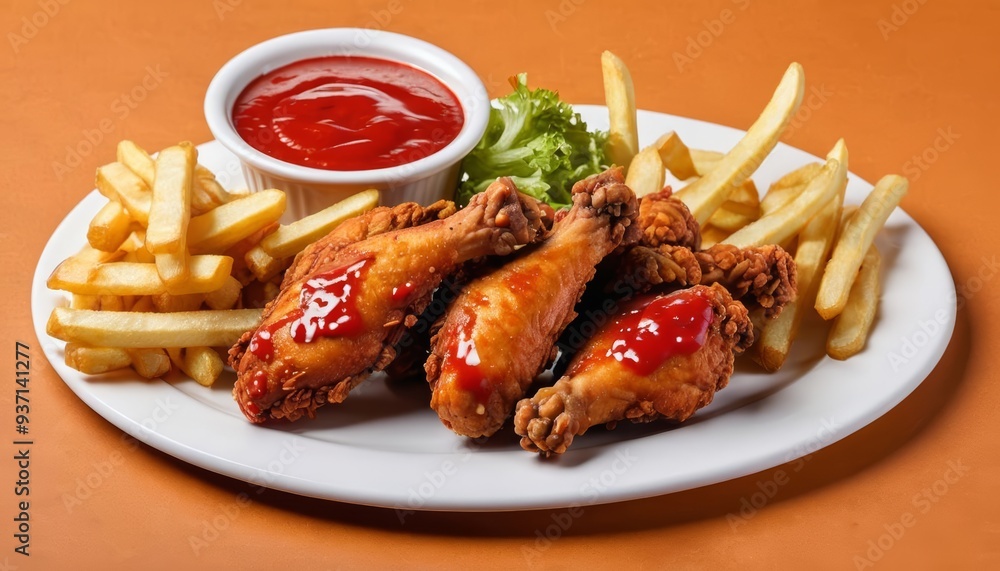 Deliciously crispy chicken wings and fries ready to be savored Deliciously crispy chicken wings and fries ready to be savored