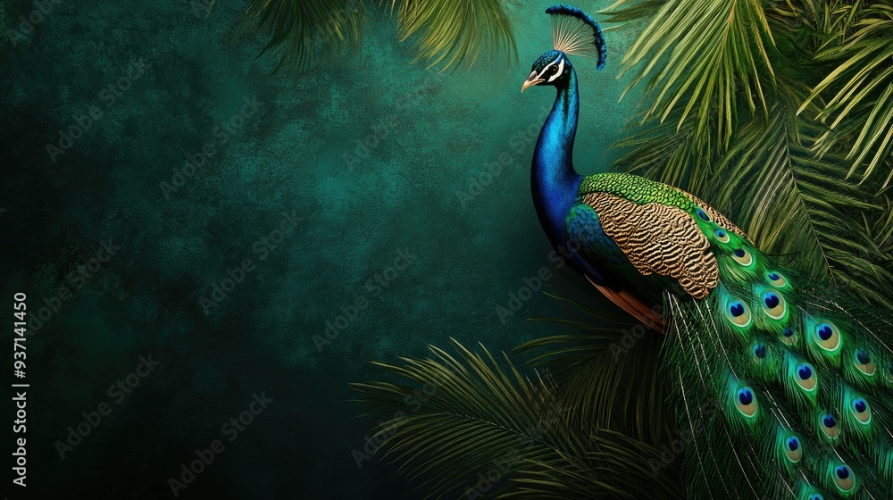 Fototapeta premium Elegant Indian peacock displaying its feathers, with ample copy space.