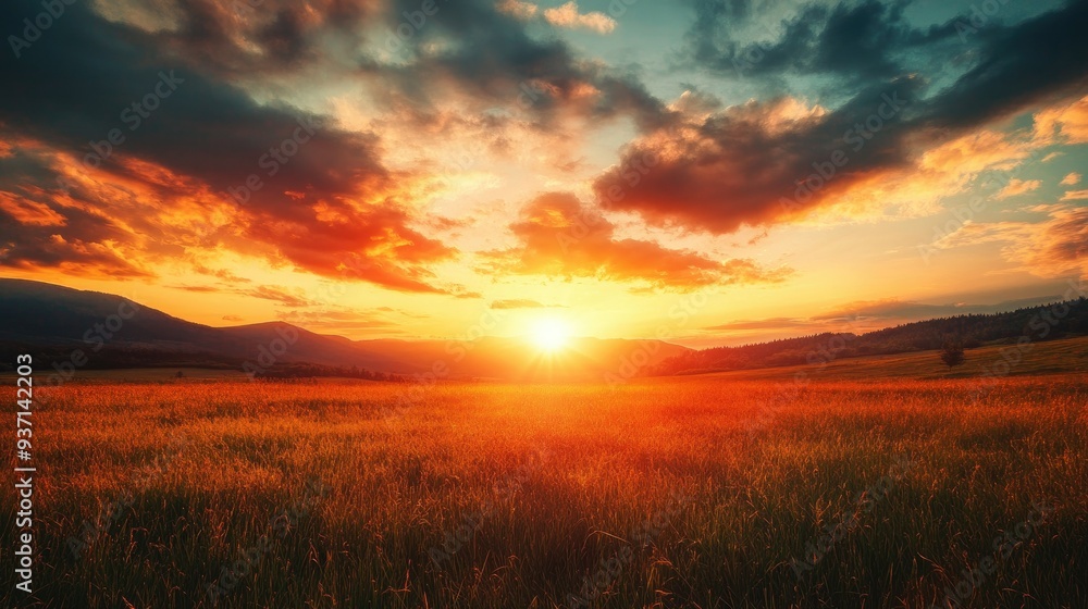 Fiery sunset over a peaceful countryside, with space for text. Fiery sunset over a peaceful countryside, with space for text.